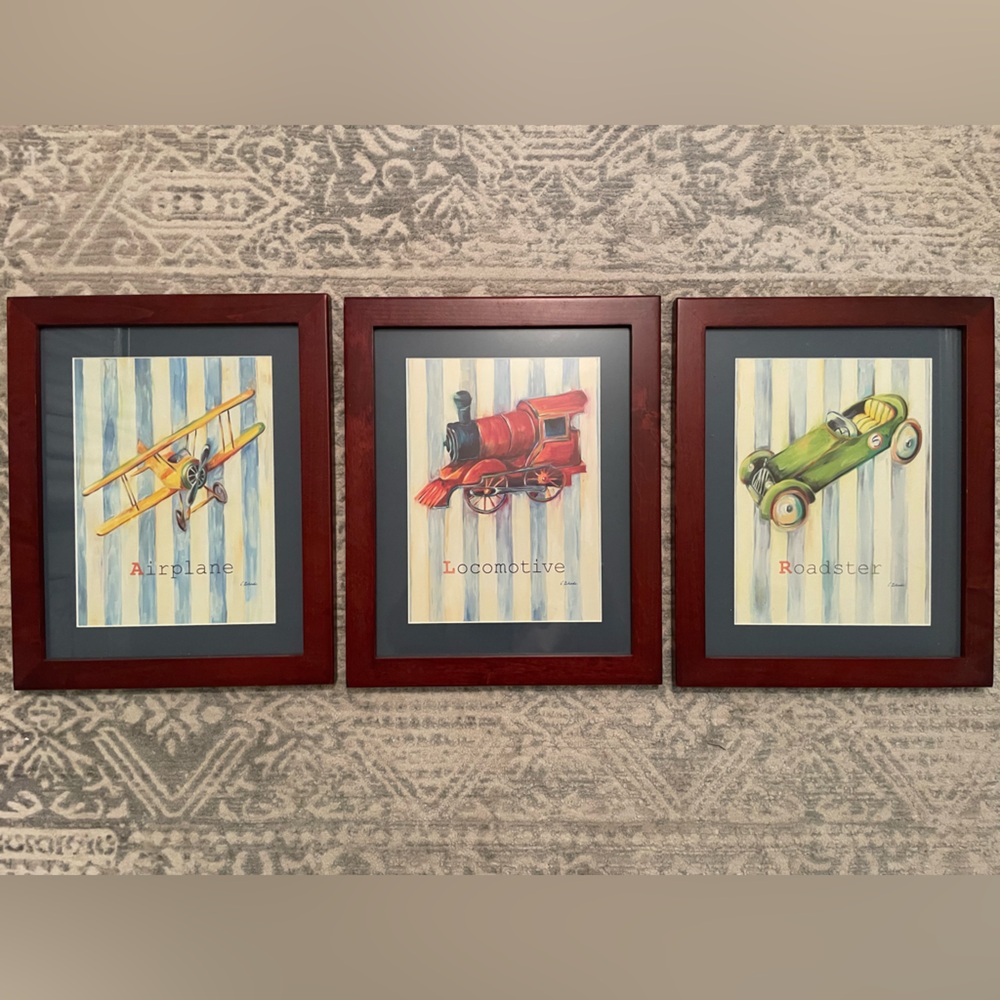 Planes, trains, and automobiles framed prints.